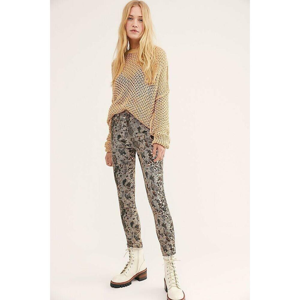Free People Womens High Waist Jeggings Sz 24 Brown Snakeskin Stretch Raw Hem NWT - Picture 10 of 10